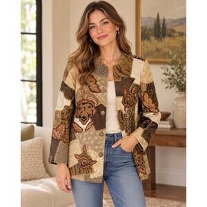 Alex Kim Patchwork Jacket Women M Embroidered Animal Print Boho Art to Wear